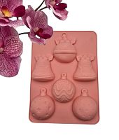 Форма для выпечки Новогодние Игрушки Микс 6в1, цветной силикон 16,5*22,5см 1/200шт (Китай)