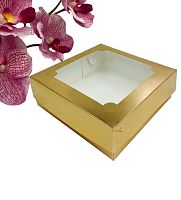 Коробка для рулетов и зефира,золото с окном, 200*200*70мм.